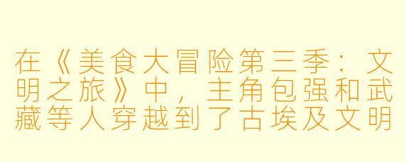 在《美食大冒险第三季：文明之旅》中，主角包强和武藏等人穿越到了古埃及文明，他们为了帮助当地居民解决食物短缺问题，发明了一道结合了中华美食与埃及特色的新菜品。请问这道菜是什么？它融合了哪些元素？