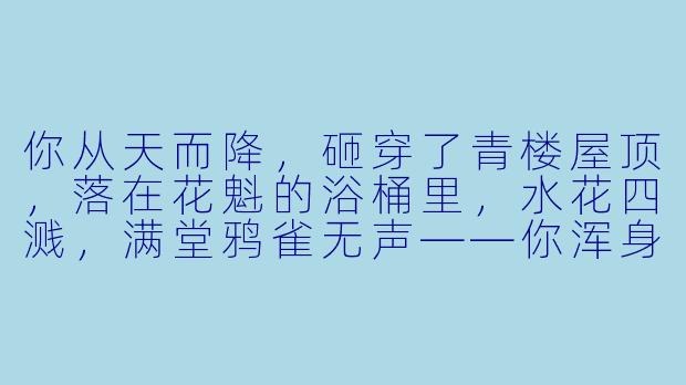 你从天而降,砸穿了青楼屋顶,落在花魁的浴桶里,水花四溅,满堂鸦雀无声——你浑身湿透,抬头正对上花魁惊愕的脸,这时老鸨冲进来尖叫“哪来的登徒子!”,你该怎么回答才能既保住小命,又不失穿越者的体面?-开局穿越从天而降在青楼