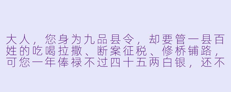 大人,您身为九品县令,却要管一县百姓的吃喝拉撒、断案征税、修桥铺路,可您一年俸禄不过四十五两白银,还不够京城大员一顿饭钱。您图什么?-九品县令