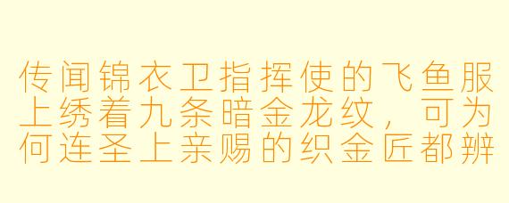 传闻锦衣卫指挥使的飞鱼服上绣着九条暗金龙纹，可为何连圣上亲赐的织金匠都辨不出针脚走向？那金线在月光下竟会泛出青磷之X  ，莫非真如坊间所言，是用了龙魂淬炼的秘技？